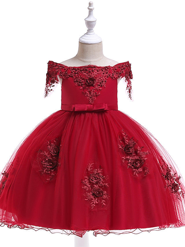 A-Line Short Sleeve Off Shoulder Flower Girl Dress with Petal Sash Ribbon Trim