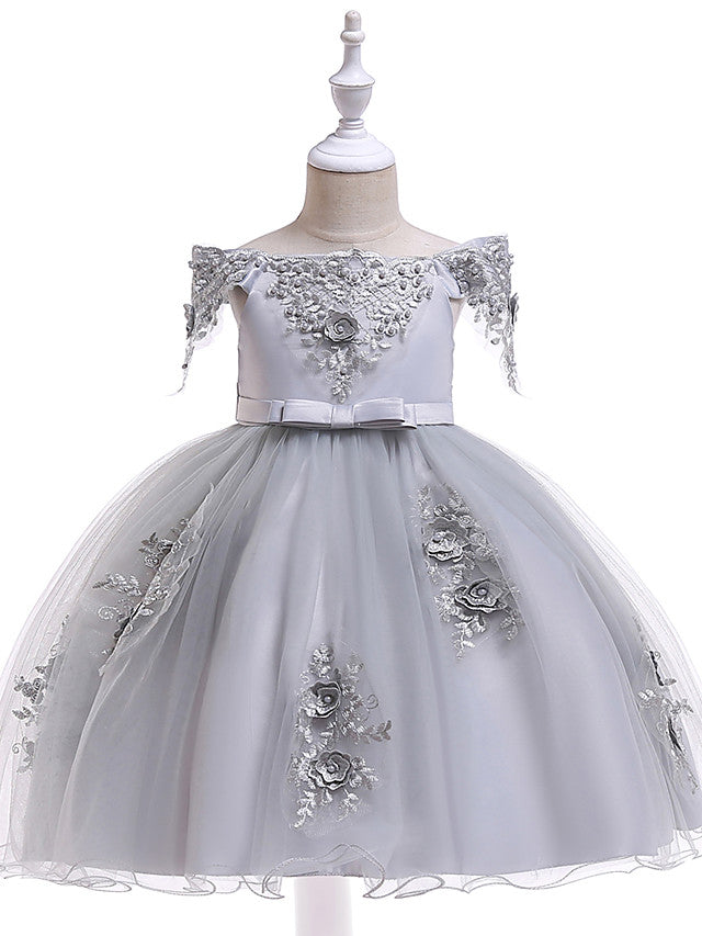 A-Line Short Sleeve Off Shoulder Flower Girl Dress with Petal Sash Ribbon Trim