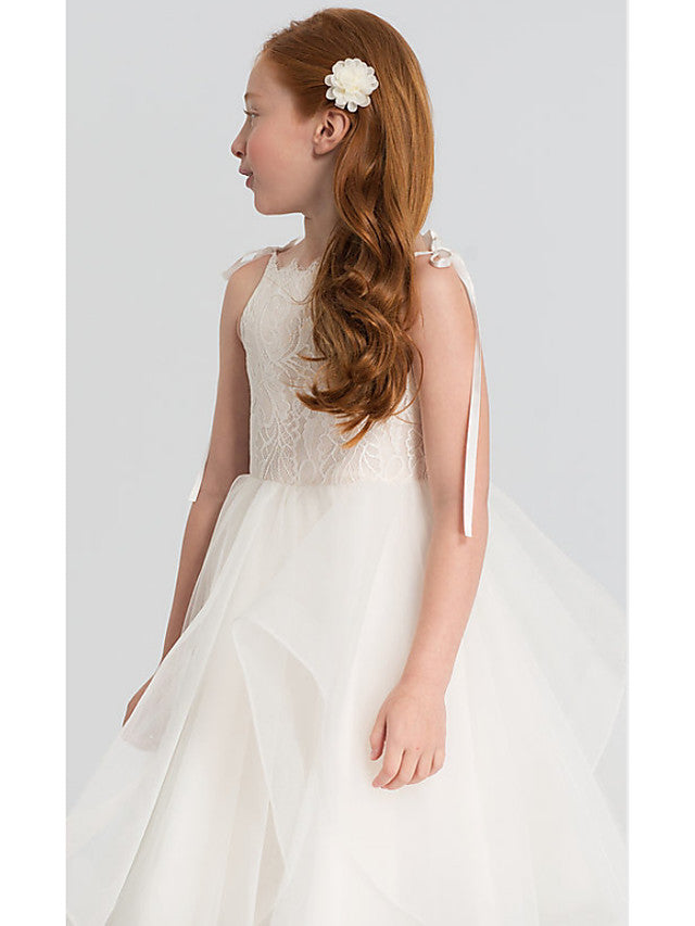 A-Line Sleeveless Scalloped Neckline Flower Girl Dresses with Lace Satin Tulle and Tier Solid