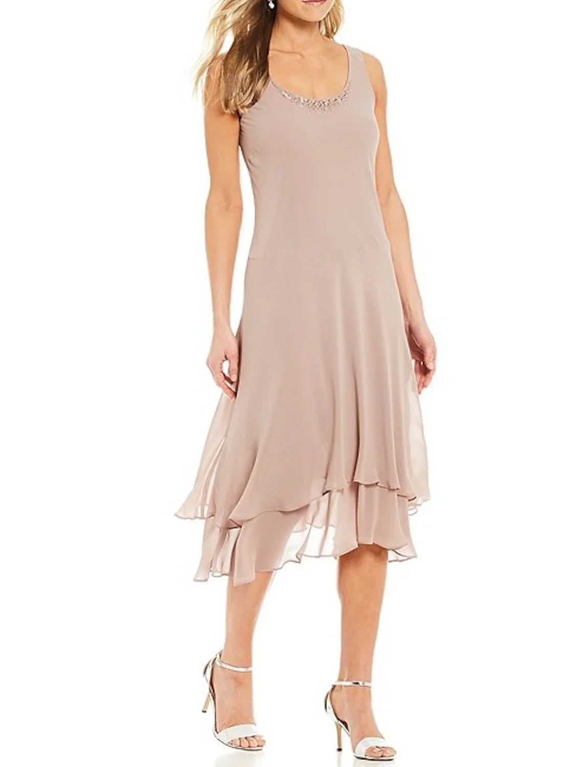 Two Piece A-Line Mother of the Bride Dress Wedding Guest Elegant Jewel Neck Tea Length Chiffon Long Sleeve with Beading Cascading Ruffles