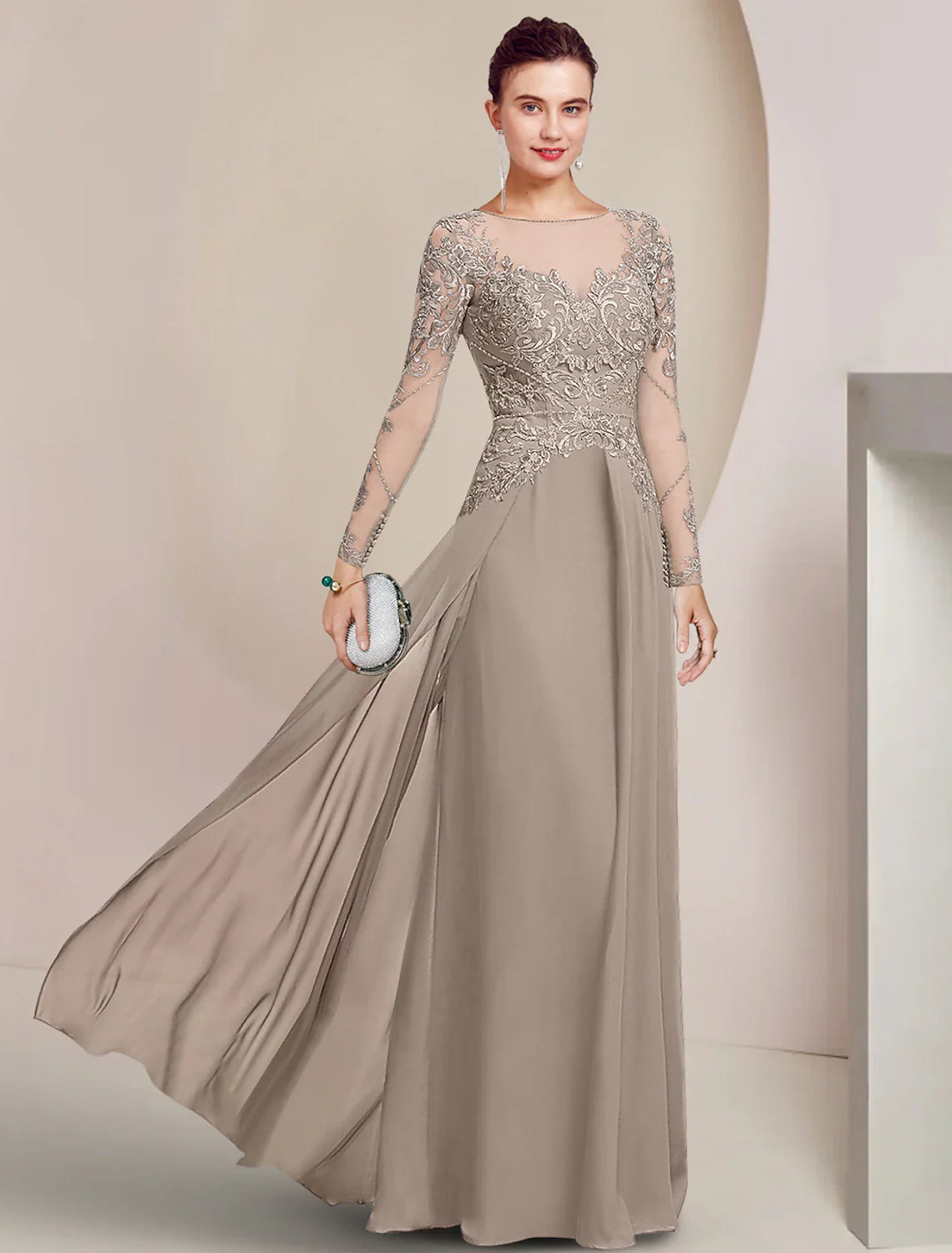 Aimishang Sheath / Column Mother of the Bride Dress Formal Wedding Guest Elegant Scoop Neck Floor Length Chiffon Lace Long Sleeve with Beading Appliques
