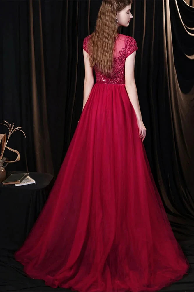 Amazing Burgundy Cap Sleeves Tulle Evening Party Gowns With Beadings