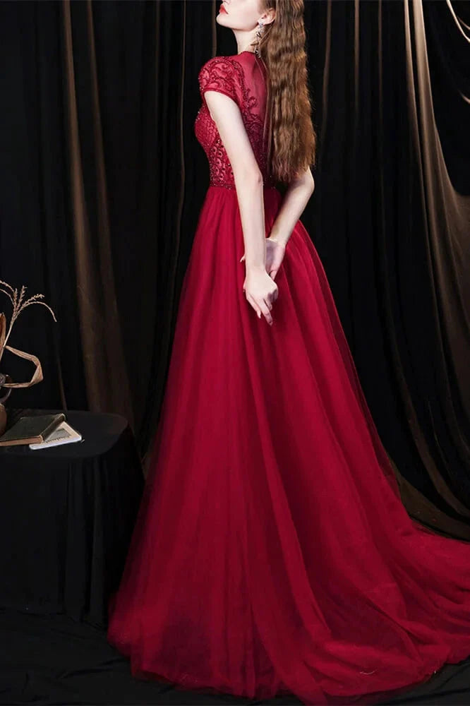 Amazing Burgundy Cap Sleeves Tulle Evening Party Gowns With Beadings
