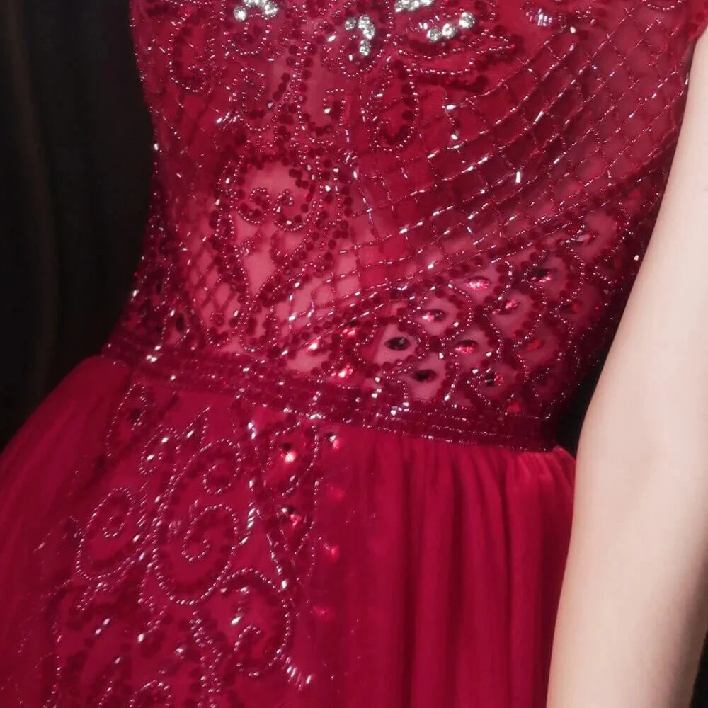Amazing Burgundy Cap Sleeves Tulle Evening Party Gowns With Beadings