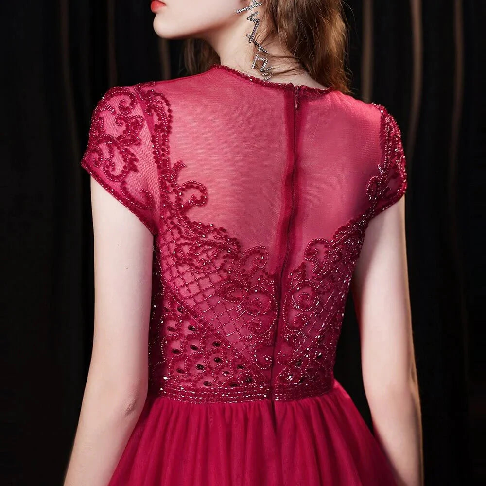Amazing Burgundy Cap Sleeves Tulle Evening Party Gowns With Beadings