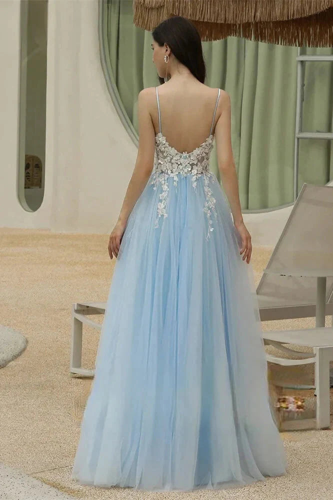 Amazing Sky Blue V-Neck Evening Party Gowns Tulle Long With Appliques