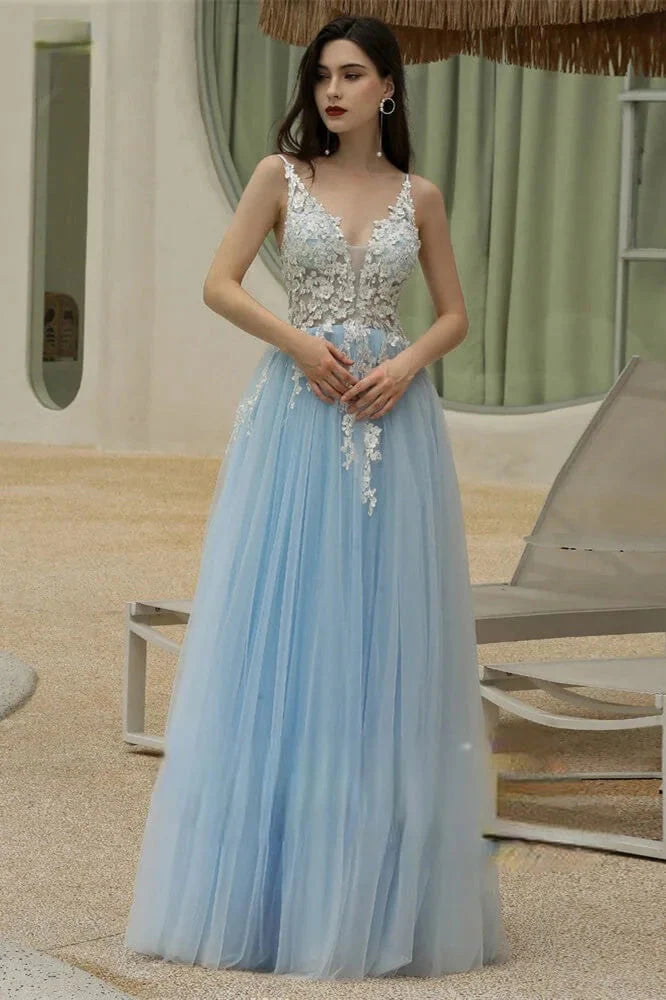 Amazing Sky Blue V-Neck Evening Party Gowns Tulle Long With Appliques