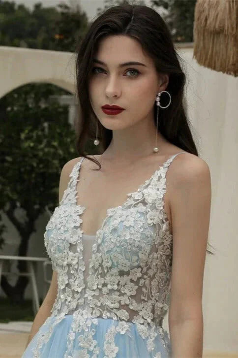 Amazing Sky Blue V-Neck Evening Party Gowns Tulle Long With Appliques