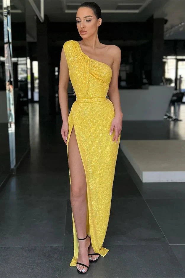 Amazing Yellow One Shoulder Sequins evening Dress Mermaid With Slit