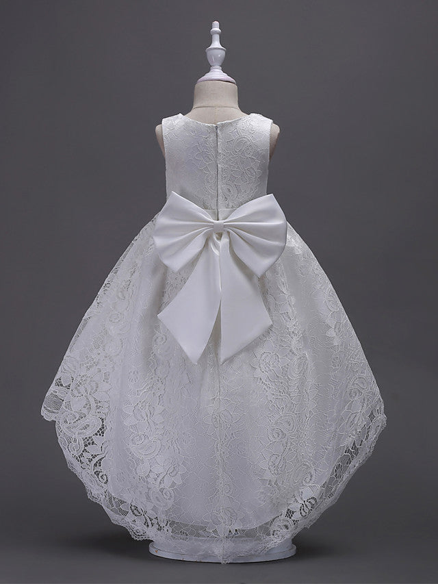 Asymmetrical Lace Dresses with V Wire and Bow Embroidery for Flower Girls