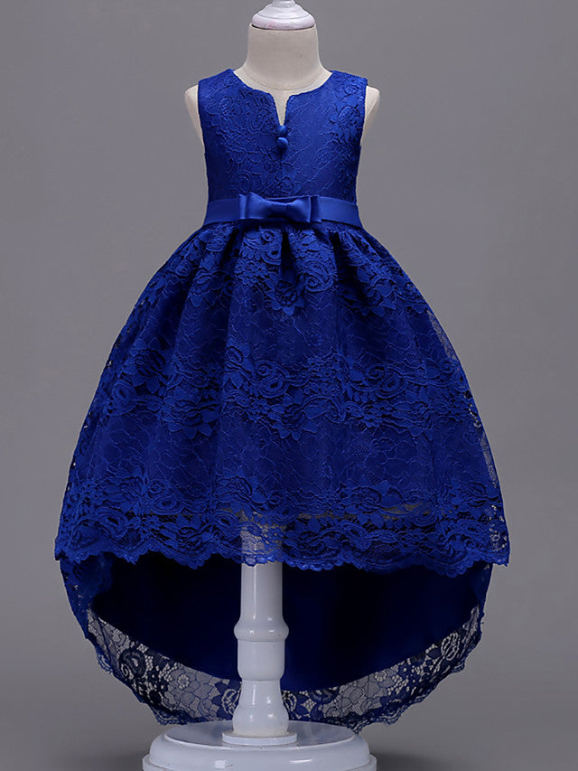 Asymmetrical Lace Dresses with V Wire and Bow Embroidery for Flower Girls