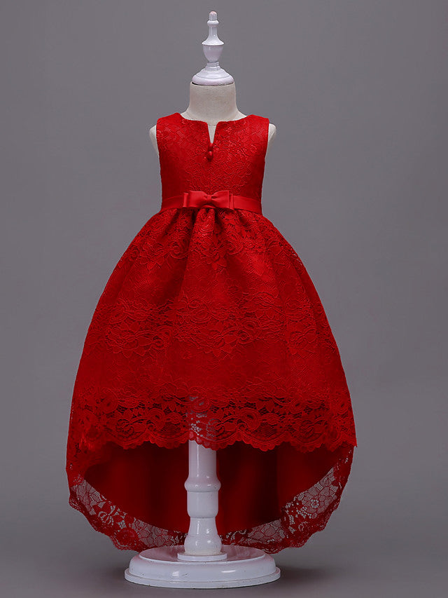 Asymmetrical Lace Dresses with V Wire and Bow Embroidery for Flower Girls