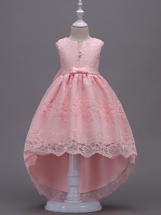 Asymmetrical Lace Dresses with V Wire and Bow Embroidery for Flower Girls