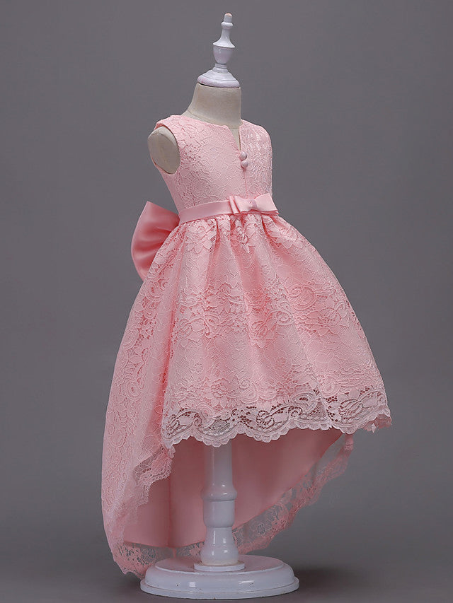 Asymmetrical Lace Dresses with V Wire and Bow Embroidery for Flower Girls