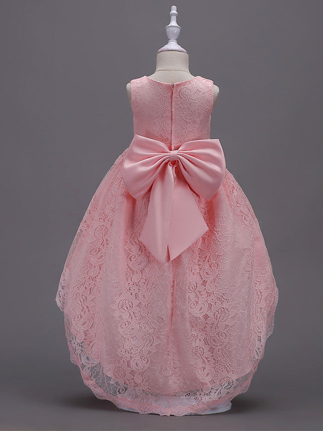 Asymmetrical Lace Dresses with V Wire and Bow Embroidery for Flower Girls