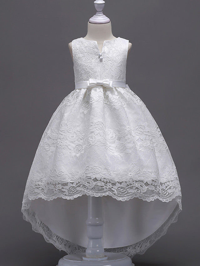 Asymmetrical Lace Dresses with V Wire and Bow Embroidery for Flower Girls