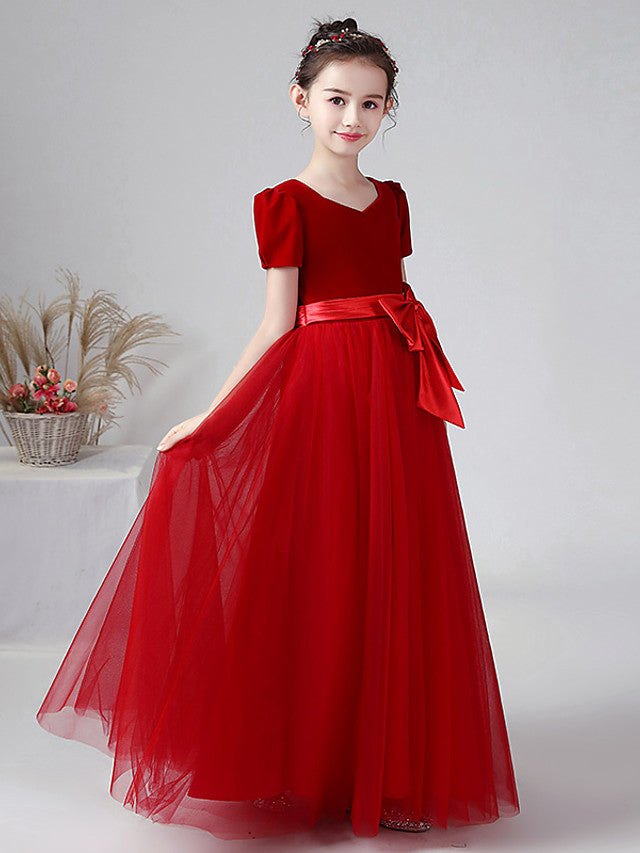 Ball Gown Short Sleeve Bateau Neck Flower Girl Dress with Tulle and Velvet Bow