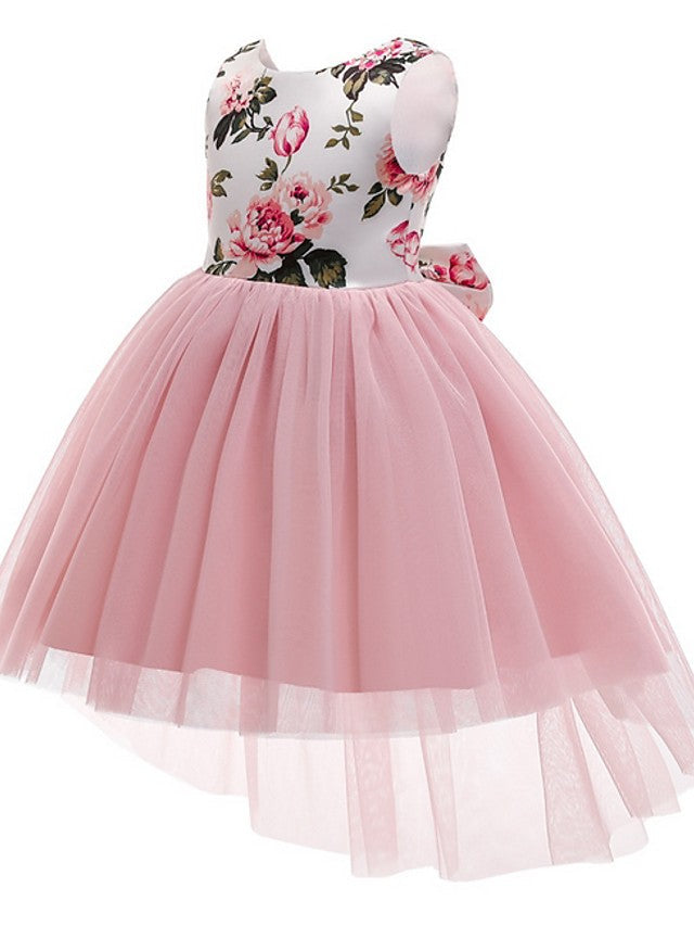 Beautiful Ball Gown Asymmetrical Sleeveless Jewel Neck Flower Girl Dresses with Tulle Bow and Pattern Print