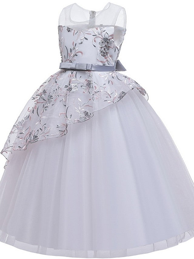 Beautiful Ball Gown Sleeveless Illusion Neck Flower Girl Dress with Tulle Sash Ribbon Bow and Embroidery