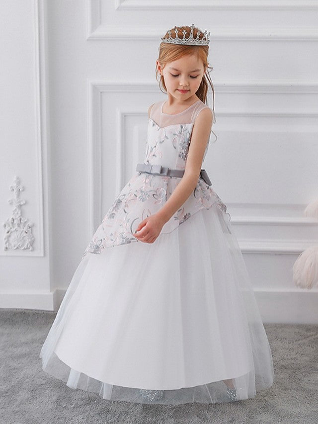 Beautiful Ball Gown Sleeveless Illusion Neck Flower Girl Dress with Tulle Sash Ribbon Bow and Embroidery