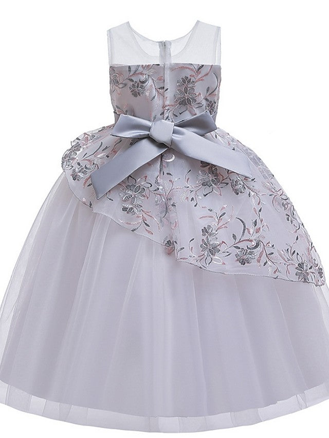 Beautiful Ball Gown Sleeveless Illusion Neck Flower Girl Dress with Tulle Sash Ribbon Bow and Embroidery