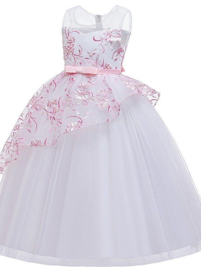 Beautiful Ball Gown Sleeveless Illusion Neck Flower Girl Dress with Tulle Sash Ribbon Bow and Embroidery