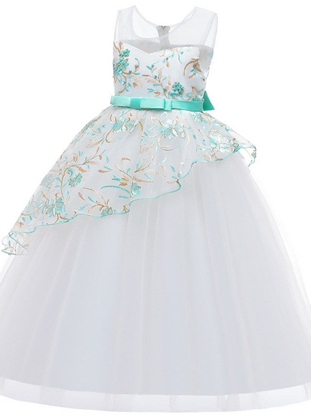 Beautiful Ball Gown Sleeveless Illusion Neck Flower Girl Dress with Tulle Sash Ribbon Bow and Embroidery