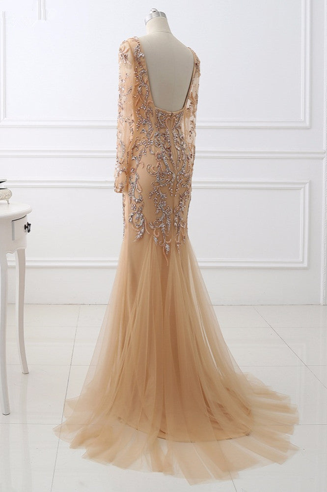 Beautiful Champagne V-Neck Evening Dress with Beadings and Rhinestones