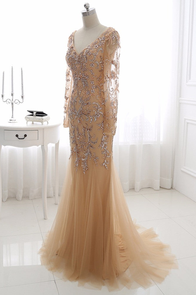 Beautiful Champagne V-Neck Evening Dress with Beadings and Rhinestones