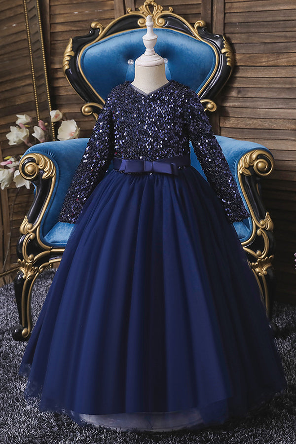 Burgundy Jewel Long Sleeve Flower Girl Dress with Sequins Appliques