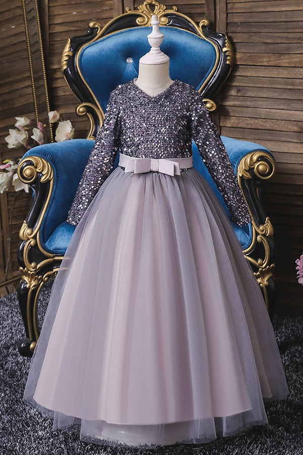 Burgundy Jewel Long Sleeve Flower Girl Dress with Sequins Appliques