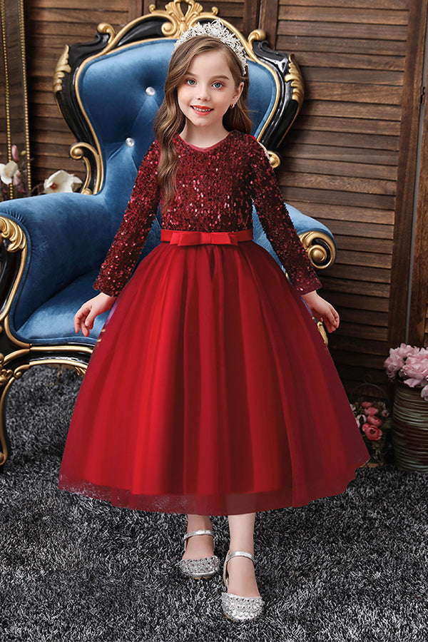 Burgundy Jewel Long Sleeve Flower Girl Dress with Sequins Appliques