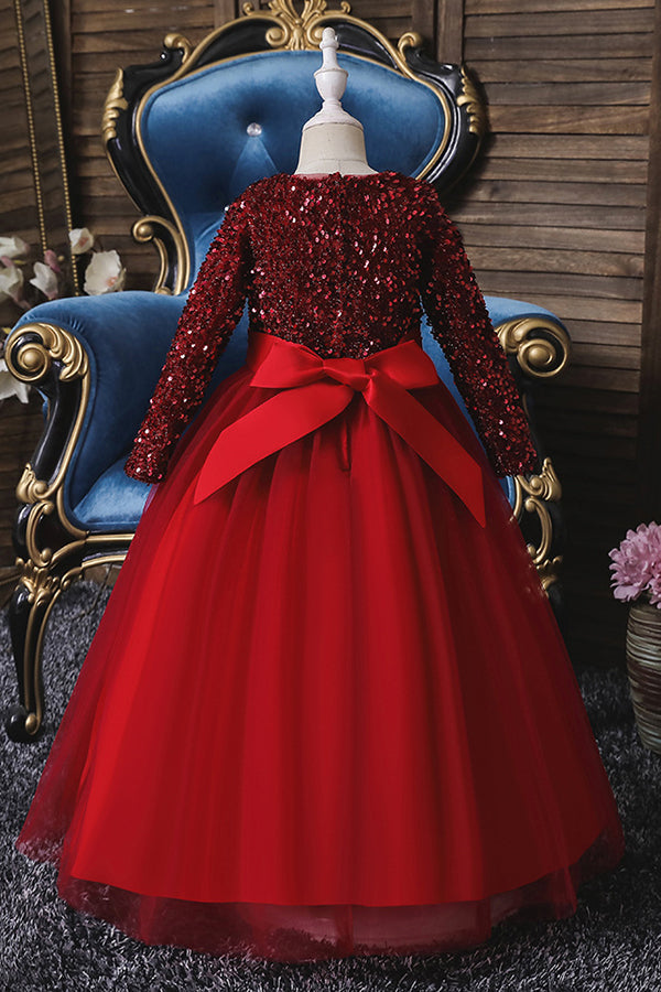 Burgundy Jewel Long Sleeve Flower Girl Dress with Sequins Appliques