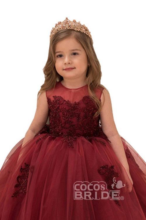 Burgundy Sleeveless Ball Gown Flower Girl Dress with Scoop Neck