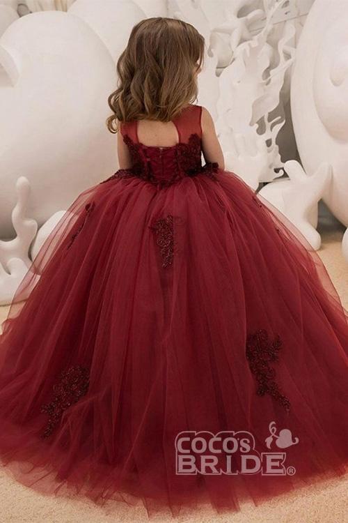 Burgundy Sleeveless Ball Gown Flower Girl Dress with Scoop Neck