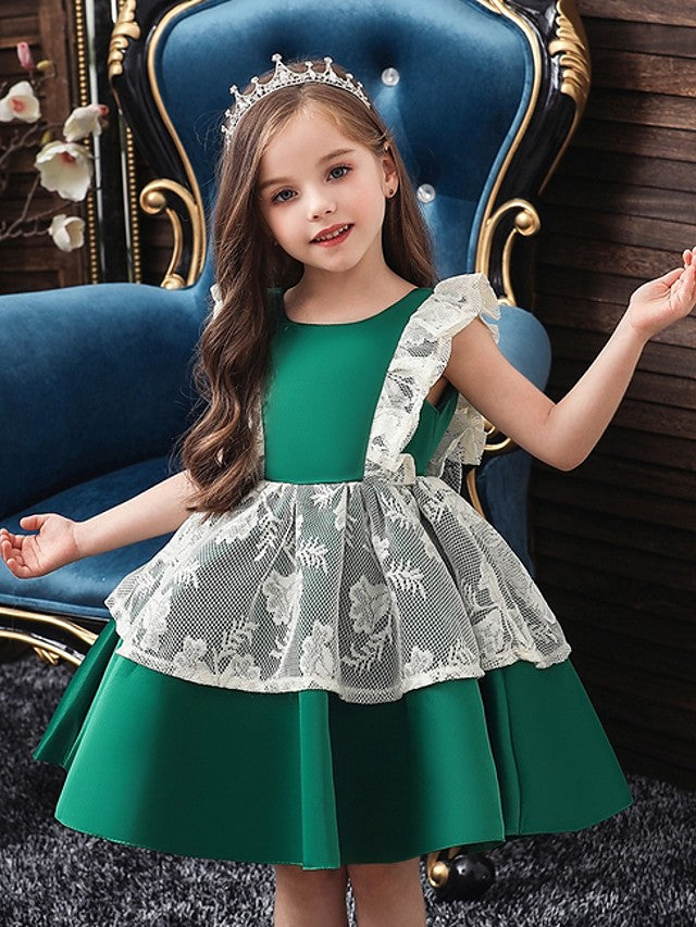 Cap Sleeve Jewel Neck Ball Gown Dress with Bow and Color Block for Flower Girls