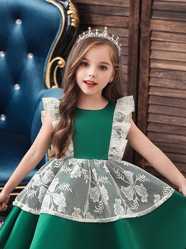 Cap Sleeve Jewel Neck Ball Gown Dress with Bow and Color Block for Flower Girls