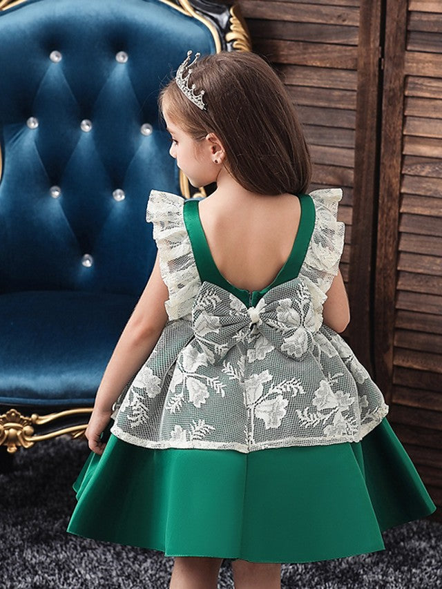 Cap Sleeve Jewel Neck Ball Gown Dress with Bow and Color Block for Flower Girls