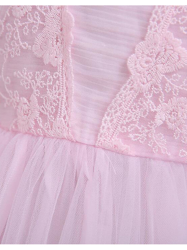 Cap Sleeve Square Neck Flower Girl Dress with Lace Tulle Cotton and Lace Belt