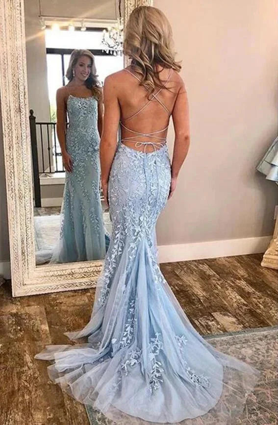 Charming Spaghetti-Straps Appliques Mermaid Long Evening Dress