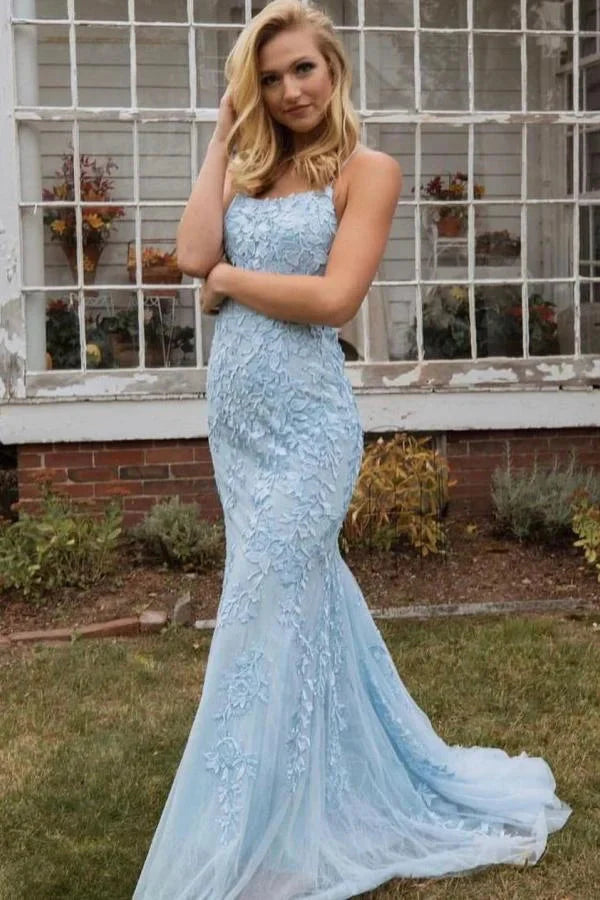 Charming Spaghetti-Straps Appliques Mermaid Long Evening Dress
