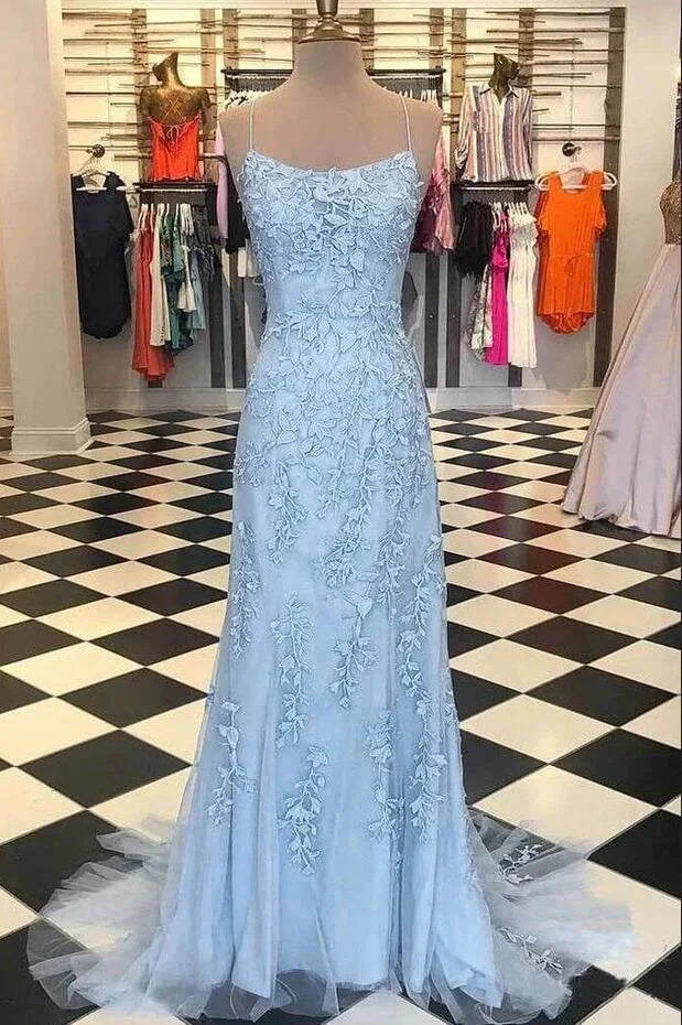 Charming Spaghetti-Straps Appliques Mermaid Long Evening Dress
