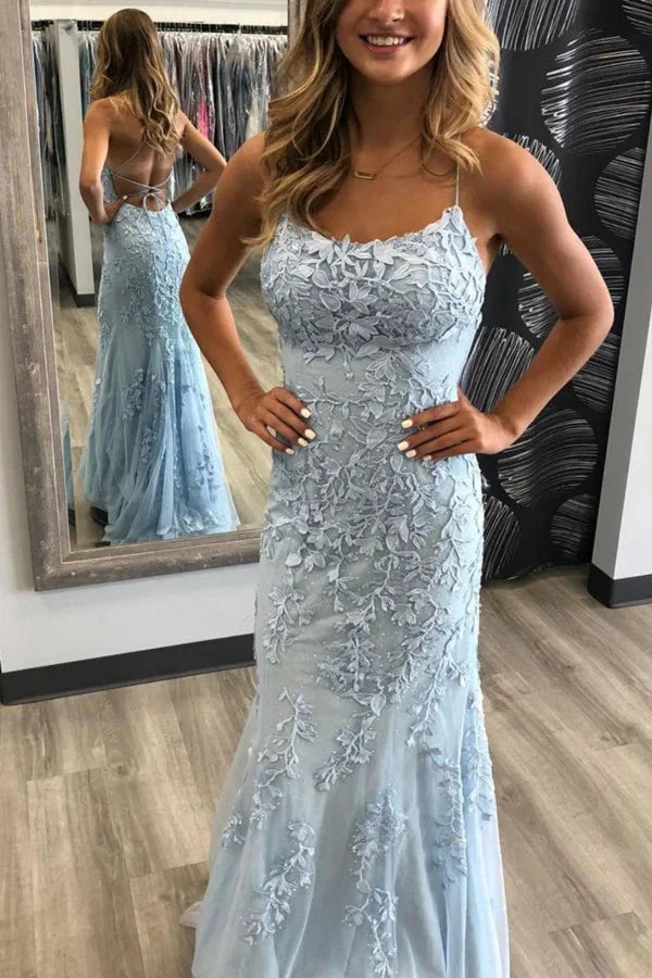 Charming Spaghetti-Straps Appliques Mermaid Long Evening Dress