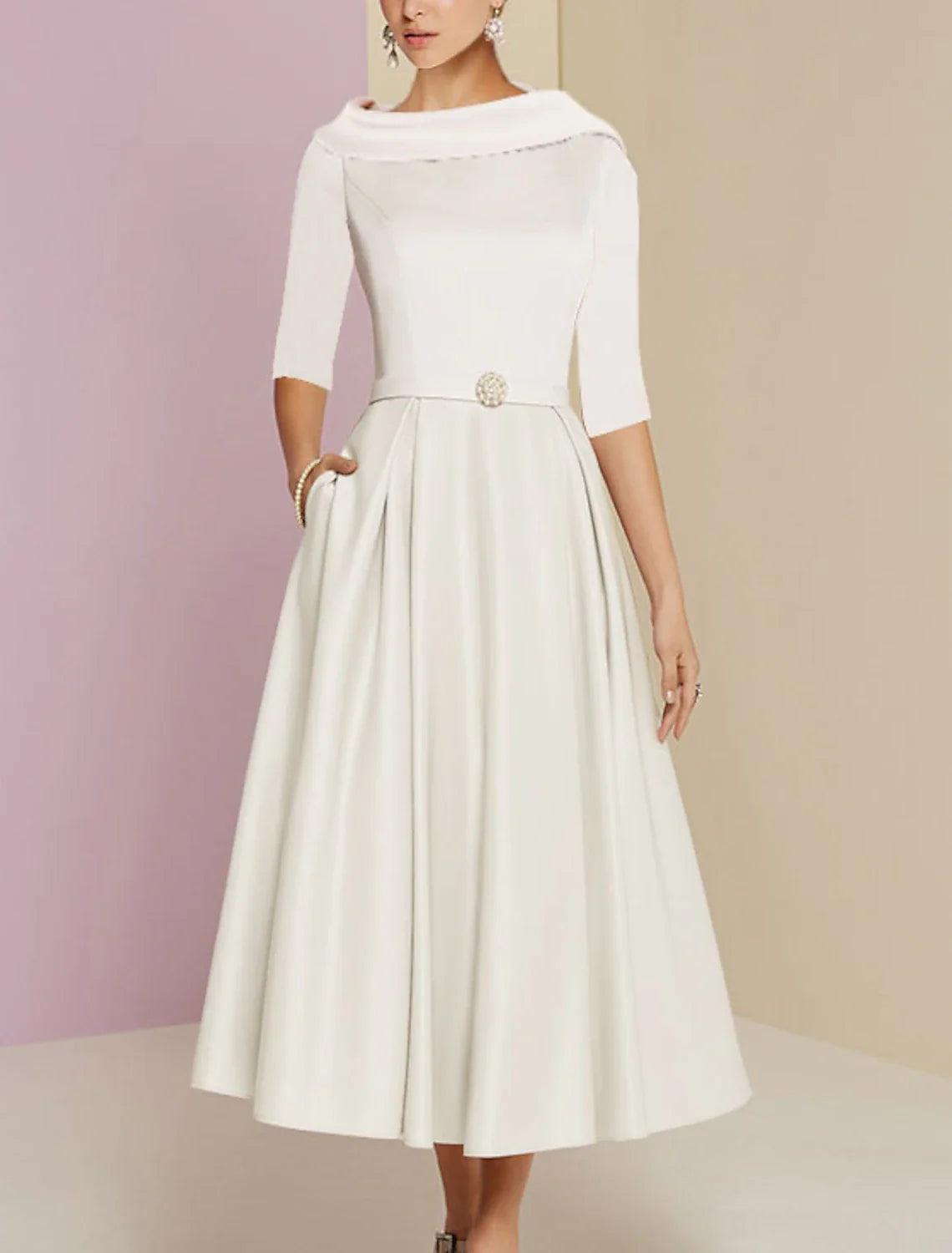 A-Line Mother of the Bride Dress Wedding Guest Elegant Vintage Jewel Neck Tea Length Charmeuse Half Sleeve with Pleats Crystals