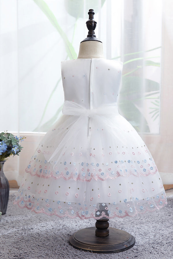 Chic Bow Scoop Sleeveless Tulle Flower Girl Dress Ball Gown for Weddings