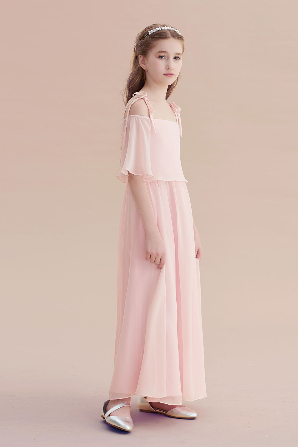 Chiffon Half-Sleeves A-line Flower Girl Dress with Spaghetti Straps and Tiered