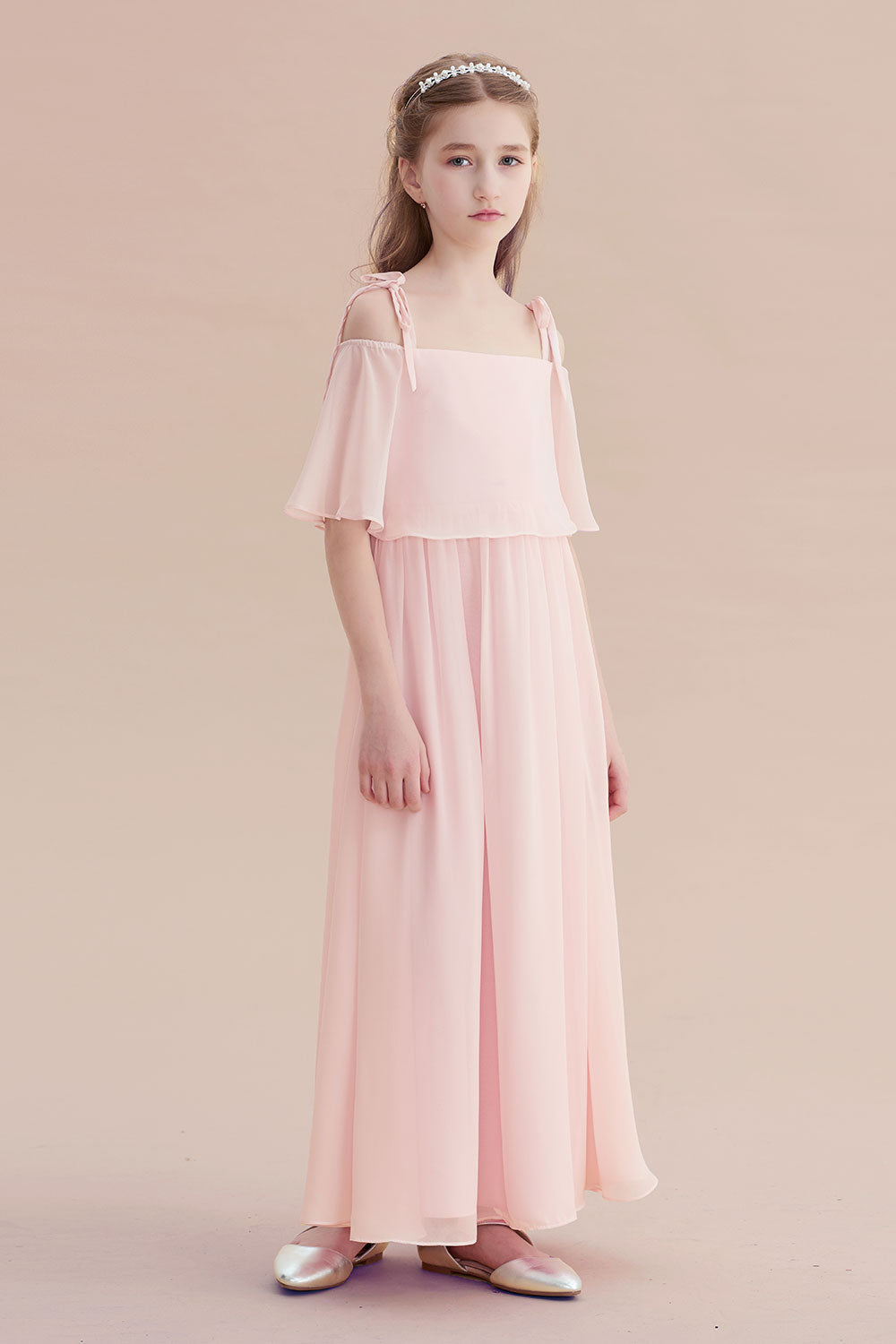 Chiffon Half-Sleeves A-line Flower Girl Dress with Spaghetti Straps and Tiered