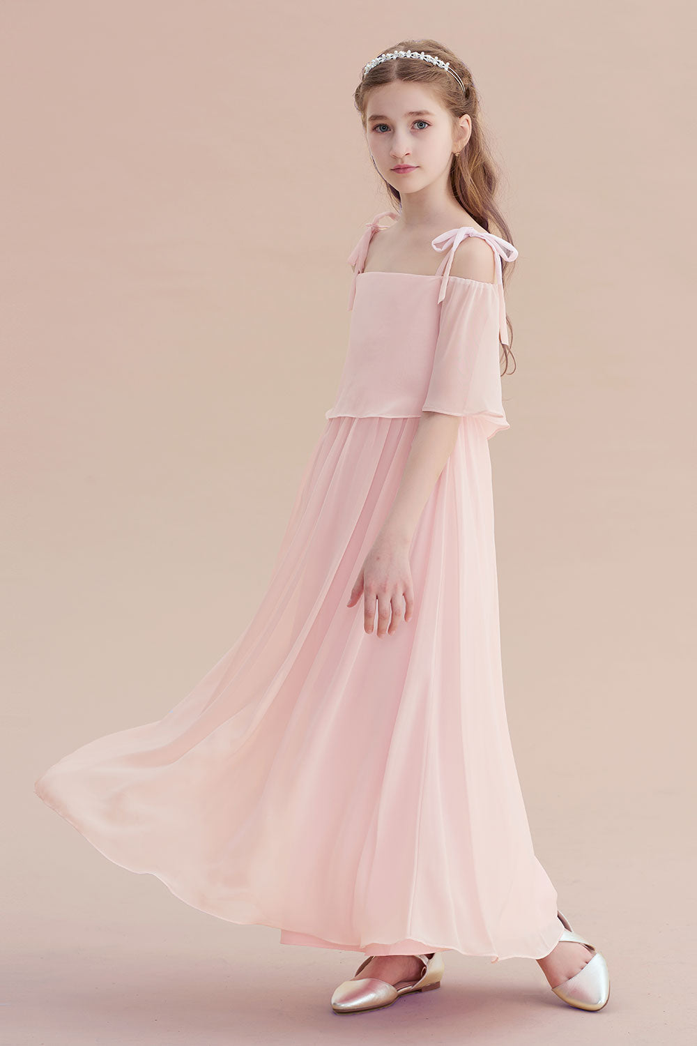 Chiffon Half-Sleeves A-line Flower Girl Dress with Spaghetti Straps and Tiered