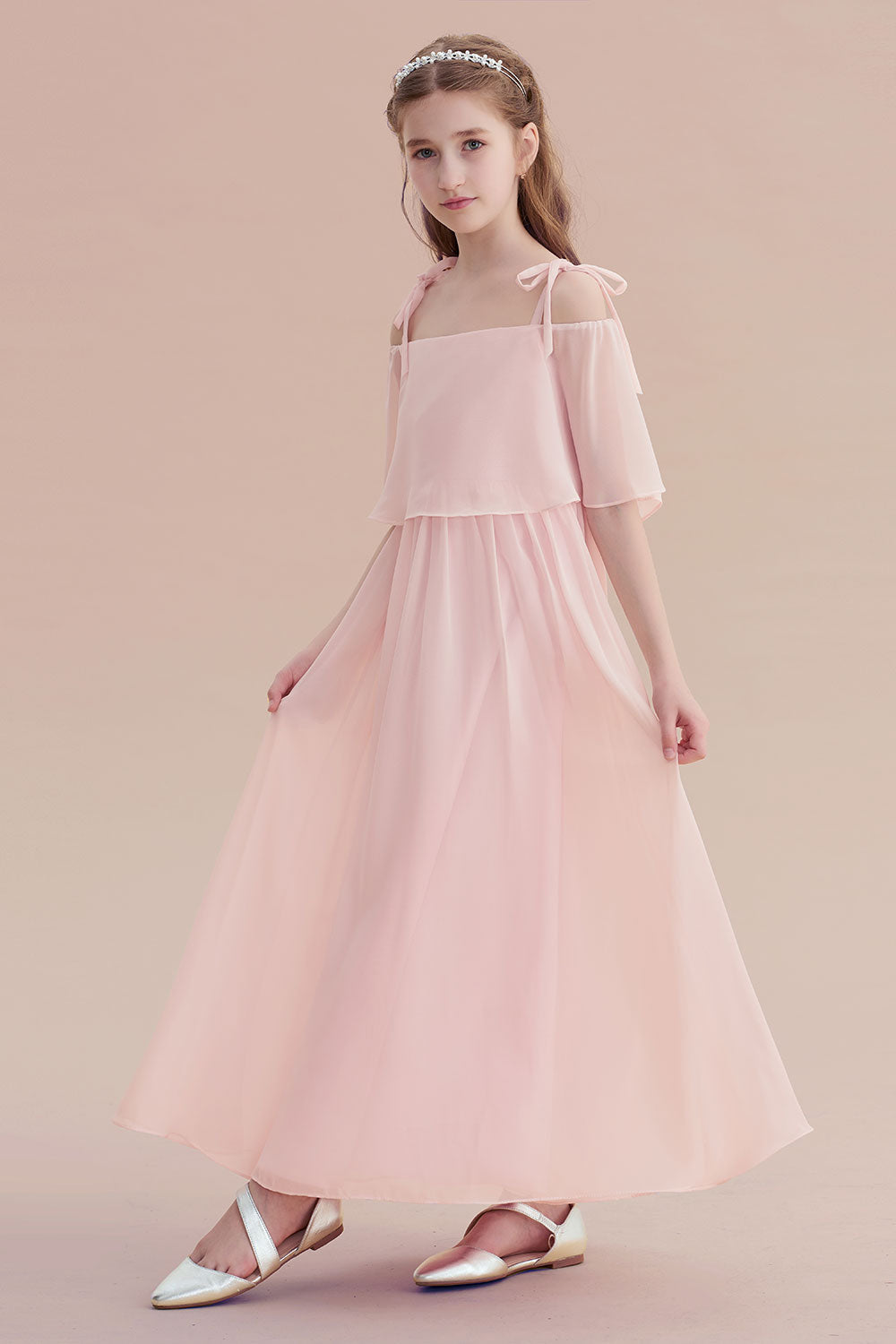Chiffon Half-Sleeves A-line Flower Girl Dress with Spaghetti Straps and Tiered