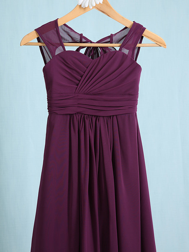 Chiffon Junior Flower Girl Dress with Sheath Column Straps and Ruched Natural Ankle Length